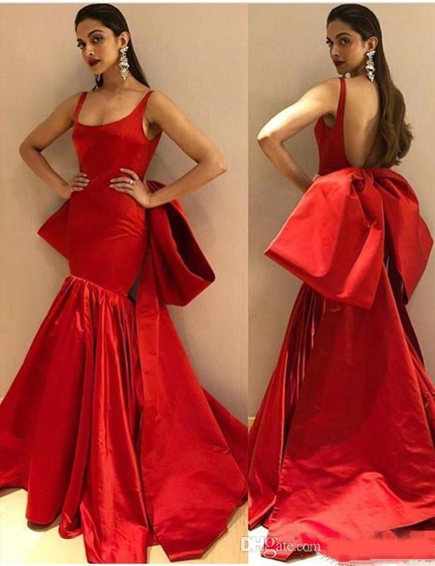 2019 Red Prom Dresses With Big Bow Scoop Neck Sexy Backless Satin Mermaid Evening Dress Party Wear Custom Made Girls Pageant Dress