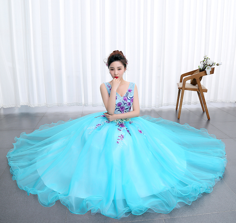 OPZC Color yarn Princess Blue New Wedding Dress 2018 Sexy V Neck for Party Chorus host Fleabane Bitter Stage Studio Photo