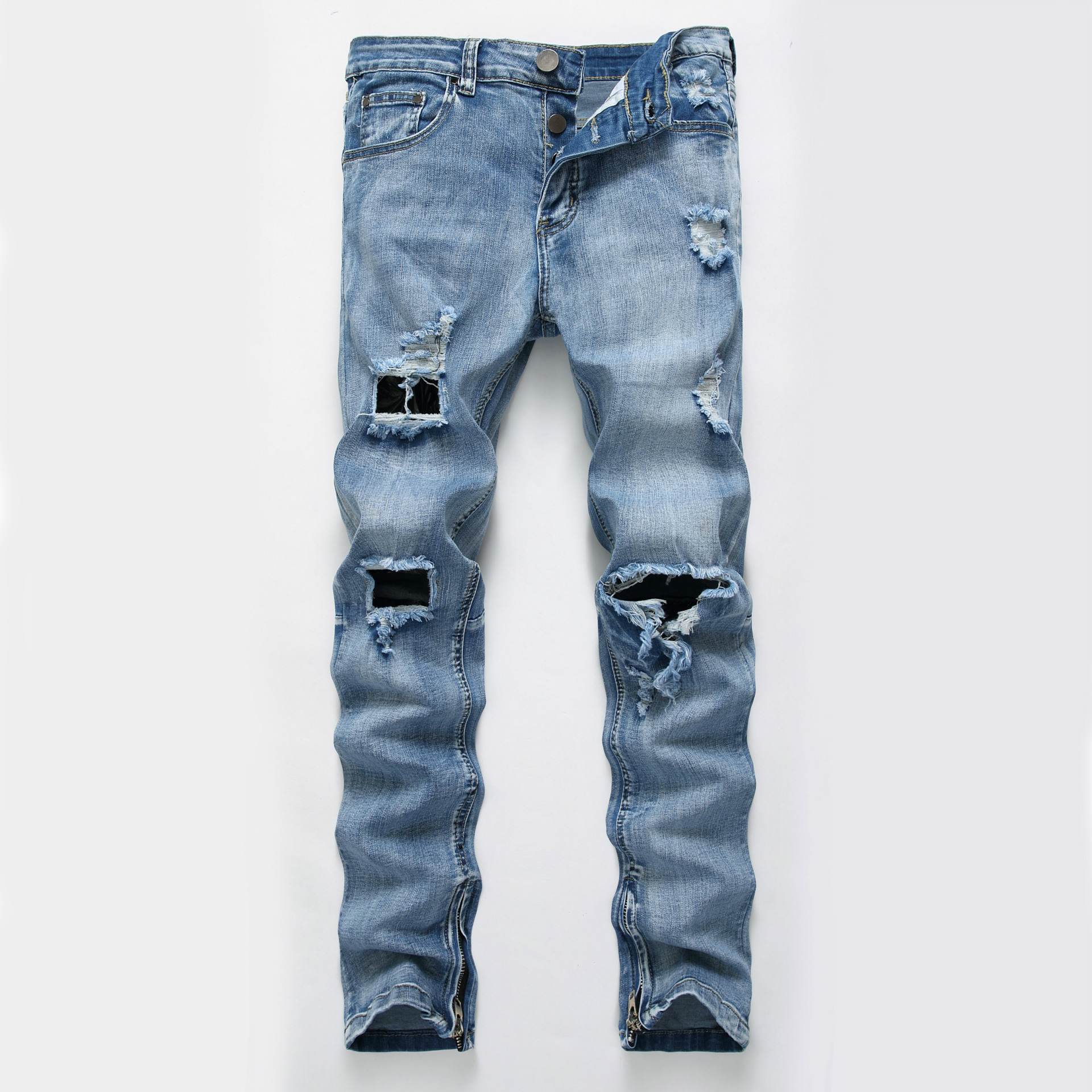 Male hole trousers large zipper high elastic jeans stitching light color buttons Slim male foreign trade trousers, Light blue
Male hole trousers large zipper high elastic jeans stitching light color buttons Slim male foreign trade trousers, Light blue