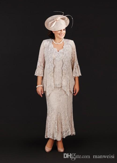 Ann Balon 2019 Mother Of The Bride Dresses Three Pieces Full Lace Mother's Wedding Gowns Ankle Length Plus Size Cheap Mothers Groom Dress