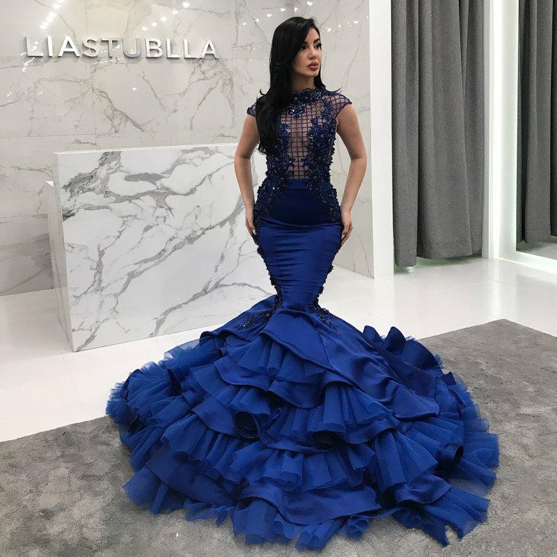 2018 Royal Blue Mermaid Prom Dress Beaded Sheer High Neck Sequined Evening Gowns Vestidos De Fiesta 3D Appliqued Satin Formal Dresses Es Es