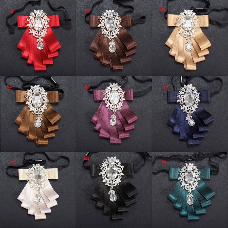 Fashion Double Cloth Wedding Groom Ribbons With Oval Rhinestone Brooches For Men Suit Bow Tie 9 Colors Good Quality Wholesale
