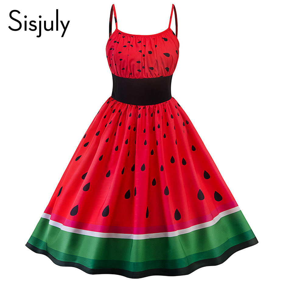 

vintage dress summer women strapless dresses elastic waist watermelon printed strap a-line red 2018 cute chic girls retro dress