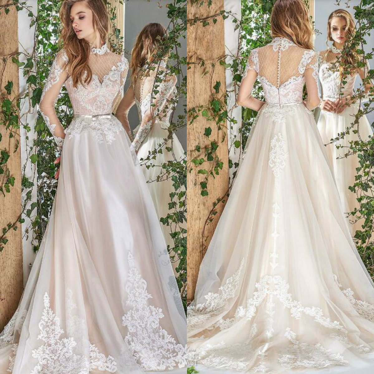 Papilio 2019 Spring Wedding Dress High Collar Sheer Long Sleeves Lace Applique Bow Belt Buttons Back Bridal Gowns Garden Wedding Dresses