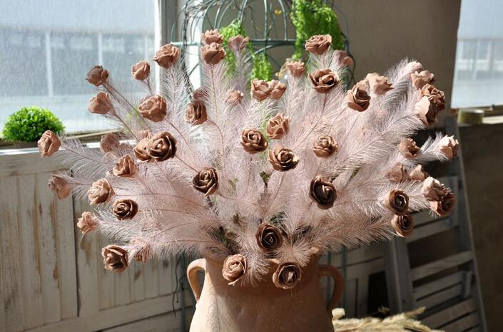 Artificial PE rose feather art vintage rose Wedding road lead to false flowers Five rose heads HR022