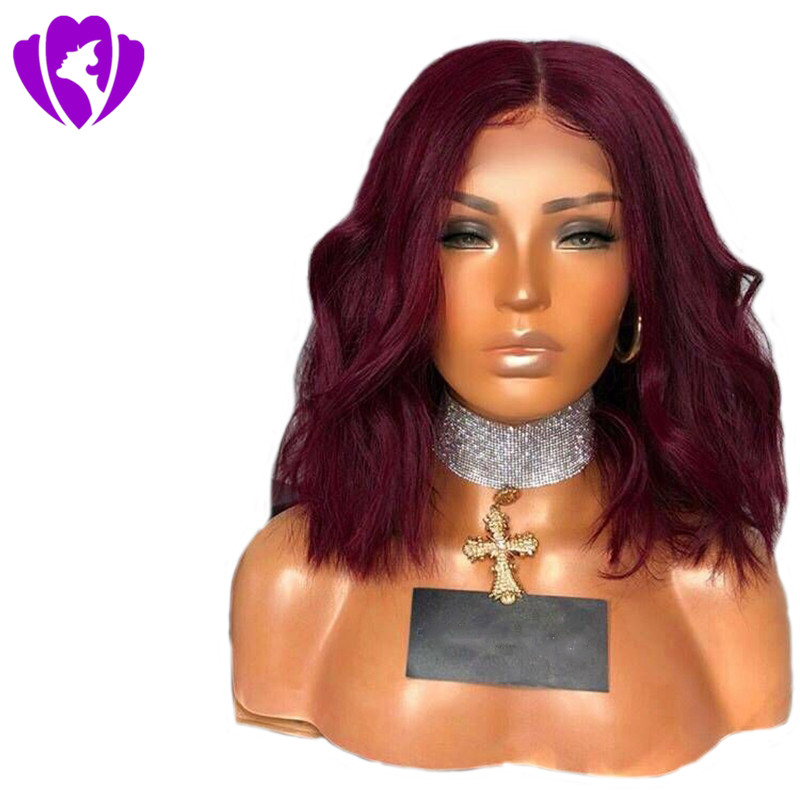 Middle Part Glueless burgundy color Lace Front bob Wig with baby hair Heat Resistant Short Synthetic Wigs For Women
