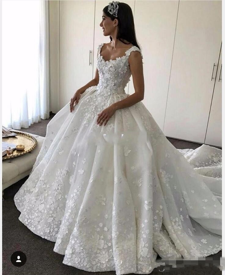 Applique 3D Floral A Line Dresses Ball Gown Lace Chapel Train Backless Organza Wedding Bridal Gowns Custom Made S