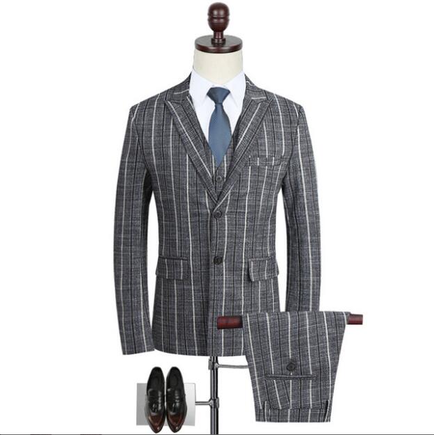 New Men's Suit Three-piece (Blazer+Pant+Vest) Business Wedding Casual Striped Suits Peaked Lapel Two Buttons Decent Trin Fit Tuxedos