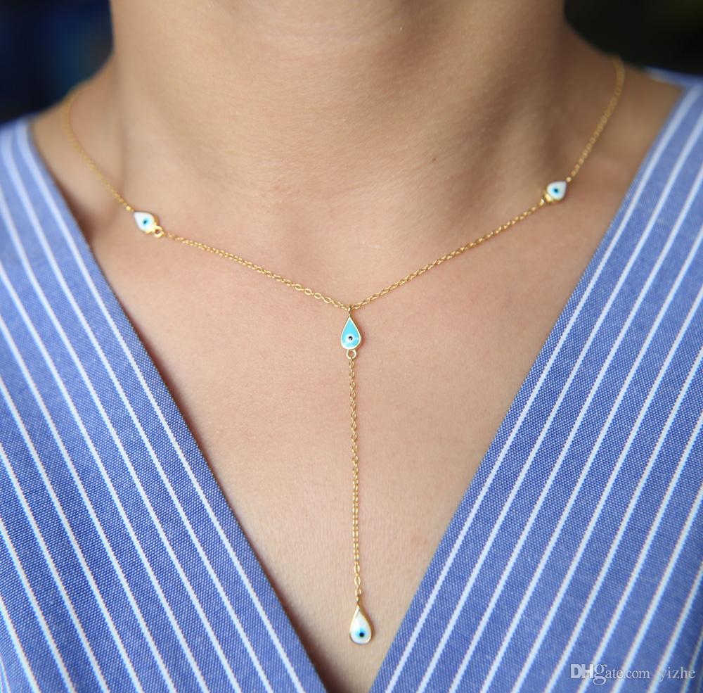 2018 wedding factory fine 925 sterling silver ocean blue enamel evil eye danity delicate thin chain sexy women lariat necklace