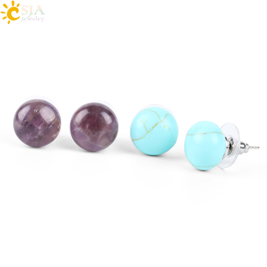 

CSJA Girl Push Back Stud Earring Round Bean Natural Gem Stone Beads Rose Quartz Amethyst for Women Girls Fashion Summer Jewelry E109