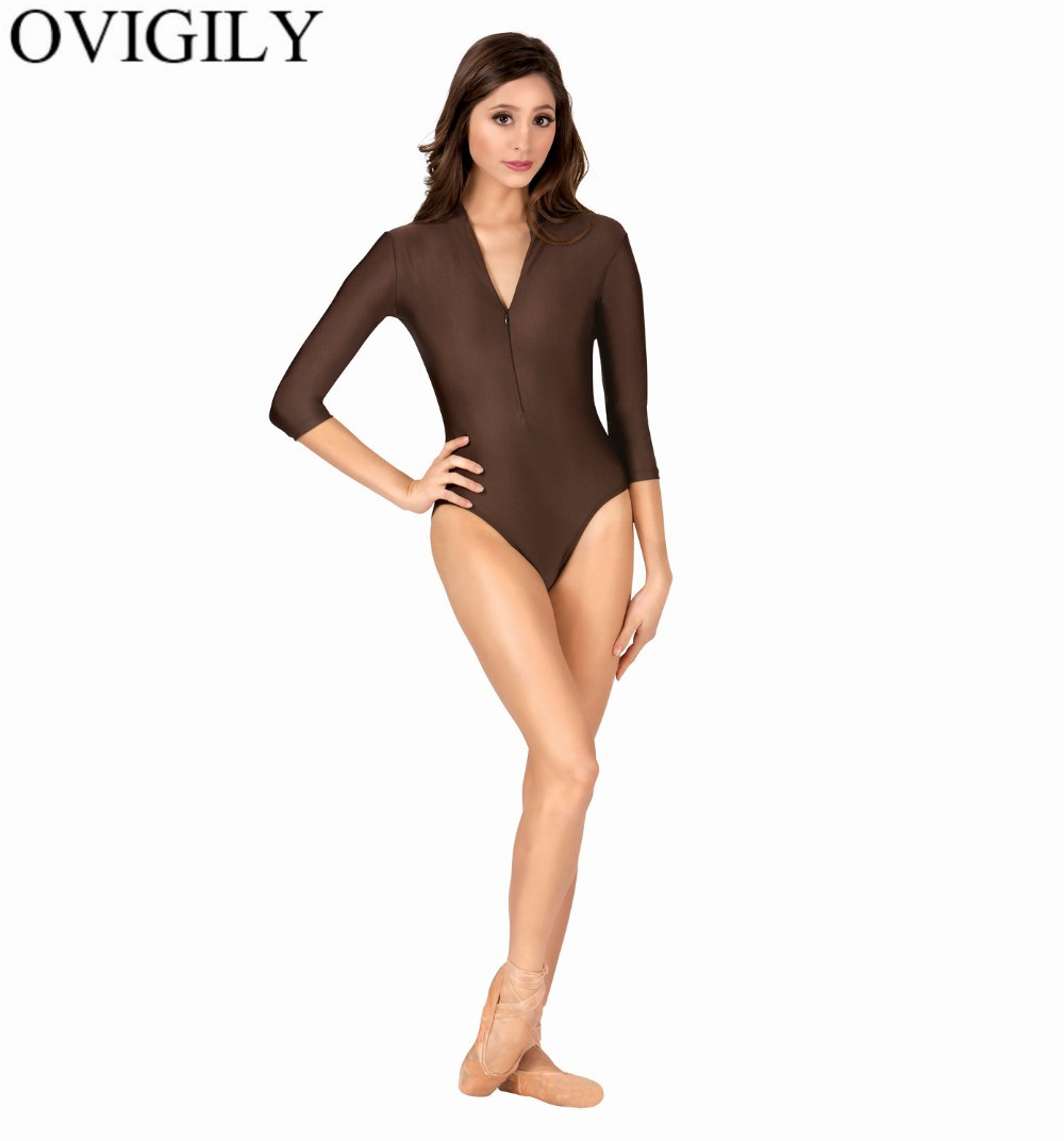 OVIGILY Adults 3/4 Sleeve Front Zipper Leotards For Gymnastics Womens Mock Neck Ballet Dance Leotard Lycra Turtleneck Bodysuits