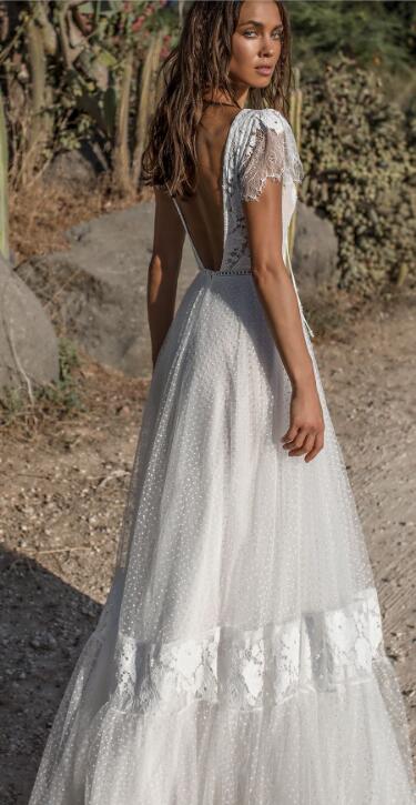 Summer Illusion Bohemia Wedding Dress Lace Backless Dot Tulle Bridal Gowns Custom Made Deep V Neck Wedding Dresses