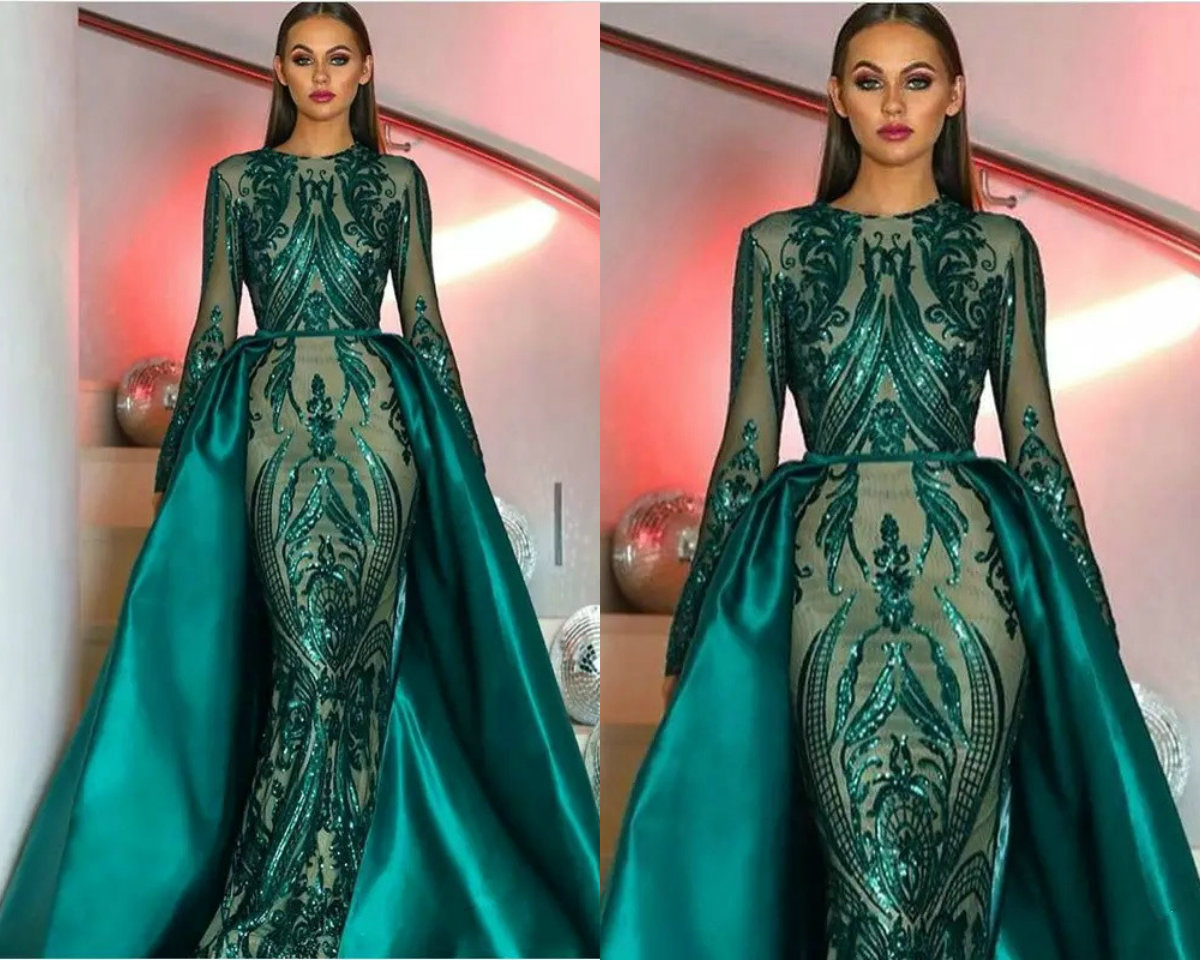 GiayMus Amazing Prom Dresses 2018 Long Sleeves Sequined Lace Dark Green Detachable Train Satin Tail Prom Dresses Vestidos De Festa Formal