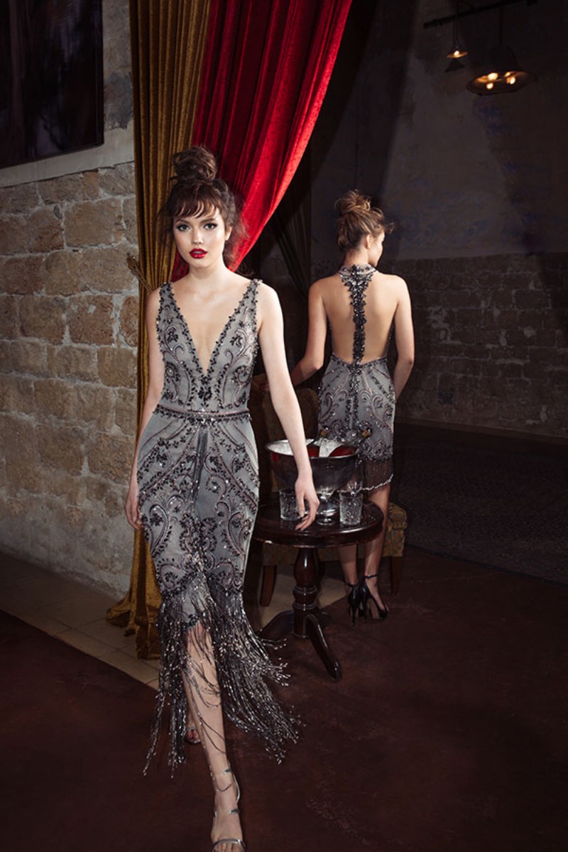 Vino Sier Julie Grey Prom Dresses Deep V Neck Beaded Knee Length Formal Evening Wear Crystal Sequins Party Dress