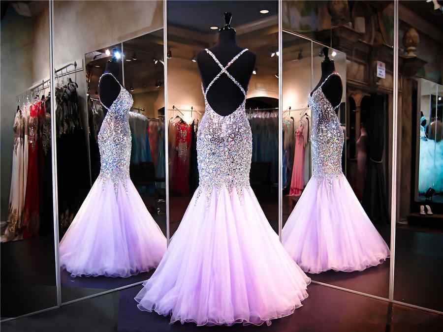 Lilac Bling Mermaid Prom Dresses Sweetheart Beading Crystal Criss Cross Backless Sweep Train Spaghetti Straps Evening Wear Party Gowns