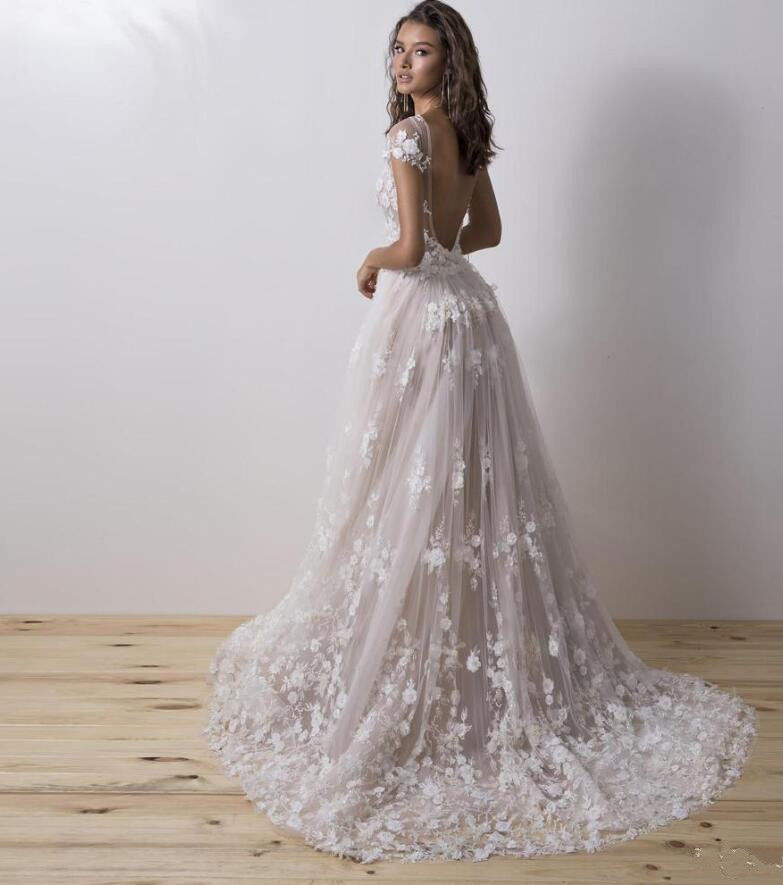 Pallas Couture 2018 Mermaid Wedding Dresses With Detachable Train Short Sleeves Boho Bridal Gowns 3D Floral Appliqued Backless Wedding Dress