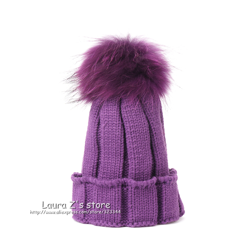 LAURASHOW Children Winter Raccoon Fox Fur Hat Girls Boys Real Fur pompoms Ball Baby Beanies Cap Kids Knitted Hats D18110601