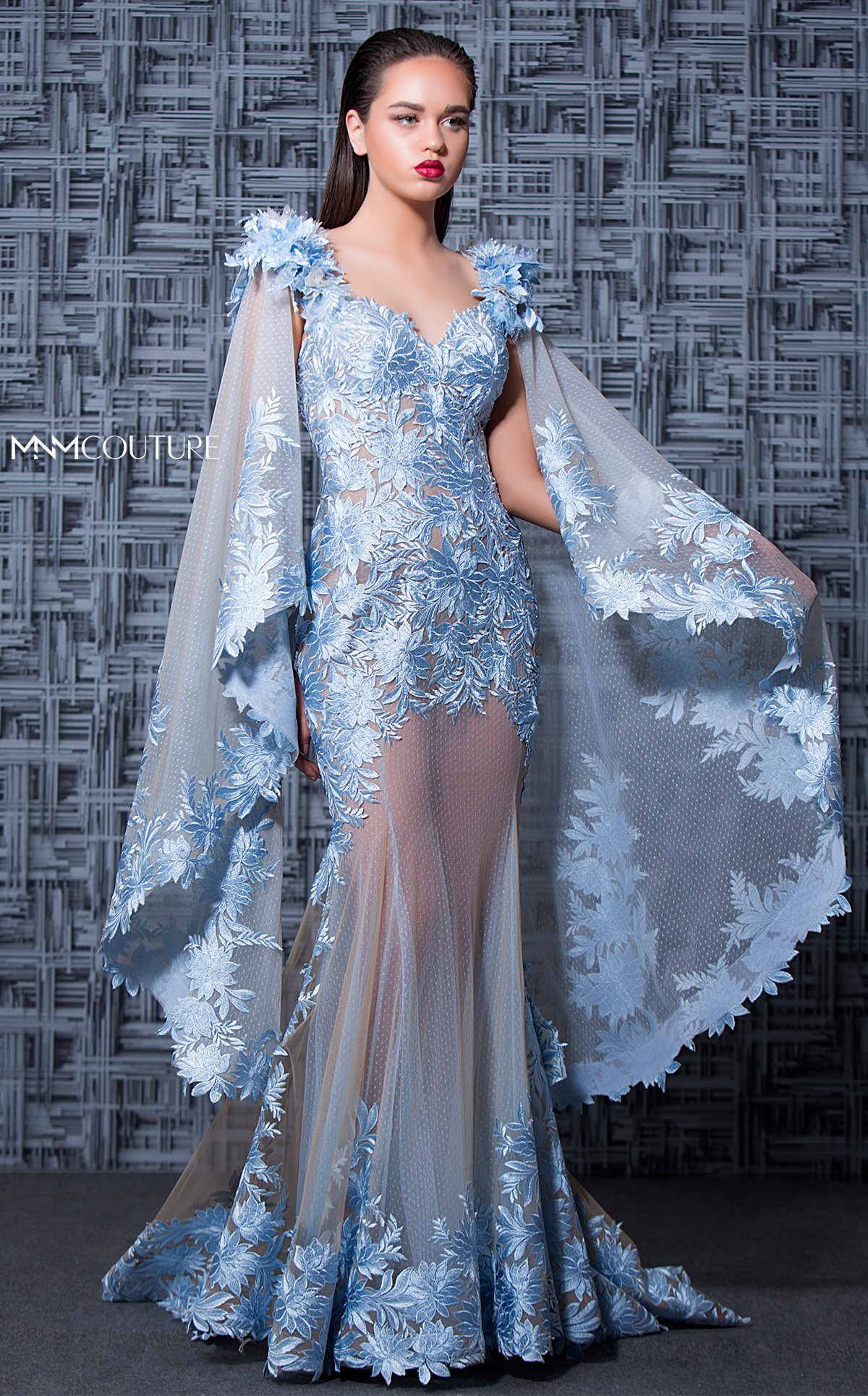 MNM Couture Mermaid Prom Dresses Lace Applique V Neck Sweep Train 3D Floral Flower Illusion Luxury Evening Gowns Formal Dress Evening Party