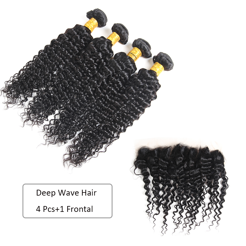 8A Straight Brazilian Human Hair 4 Bundles with Closure Body Deep Water Wave Virgin Hair Bundles with Lace Frontal Kinky Curly Extensions