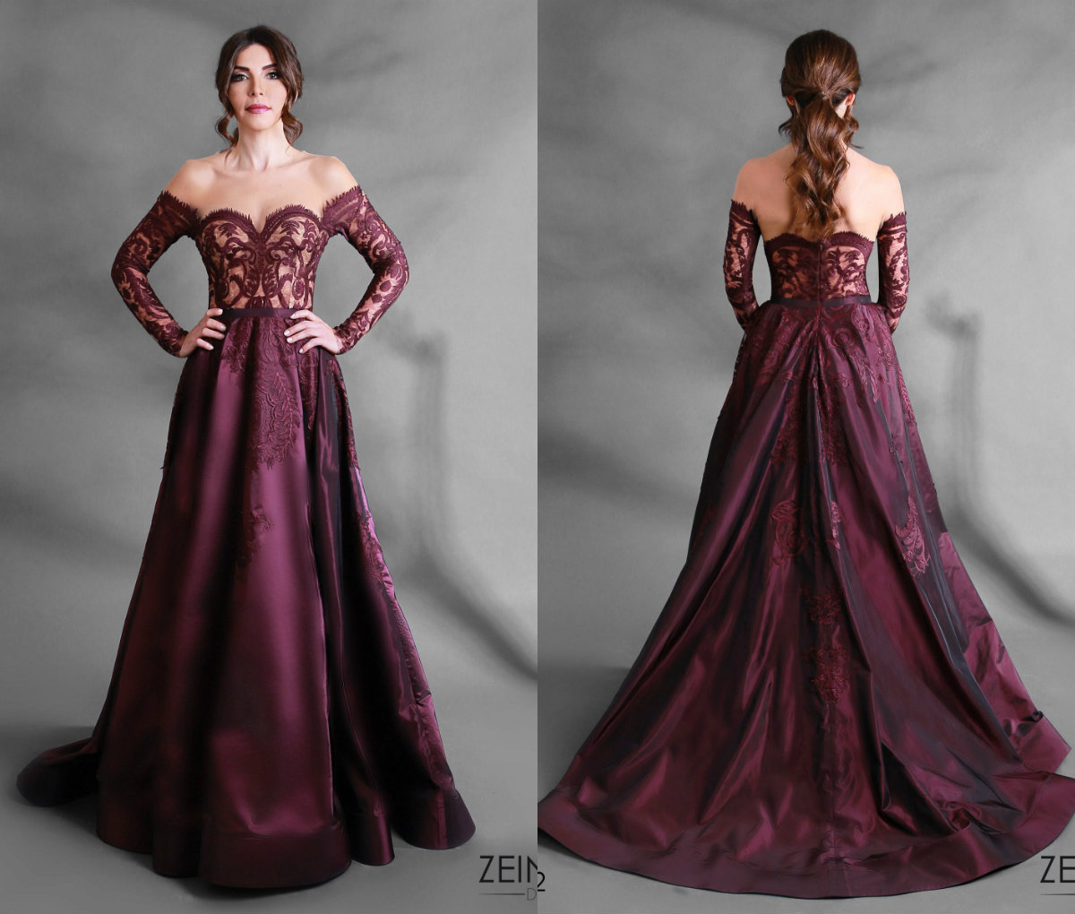 Burgundy Mother Of The Bride Dresses Off The Shoulder Satin Sweep Train Lace Applique Mother's Gowns Long Sleeve Prom Dress