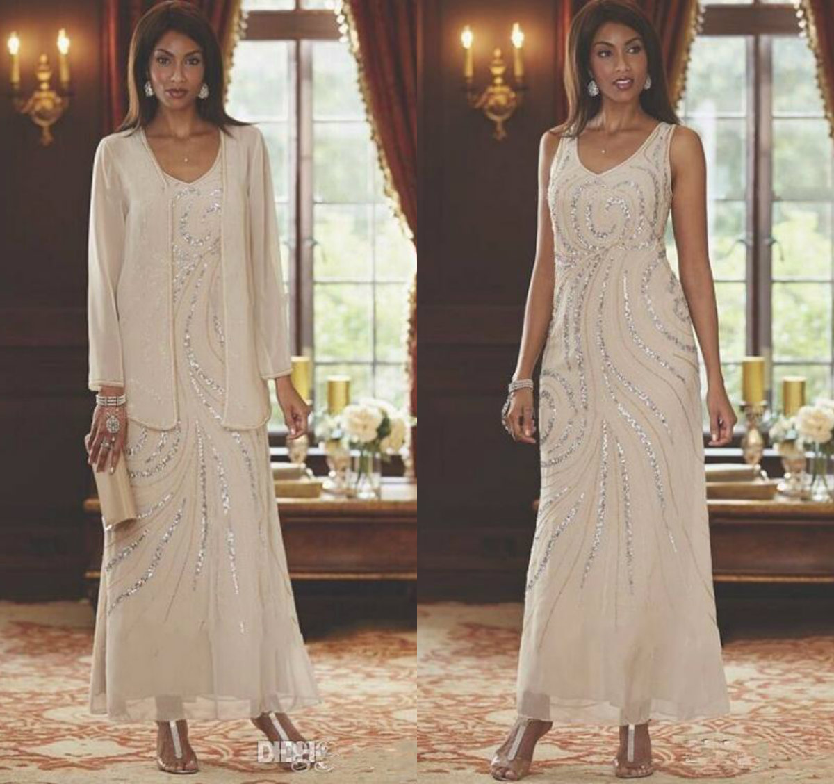 Elegant Champagne Mother Of The Bride Dresses With Jacket Sequins Beaded Long Sleeve Ankle Length Plus Size Mothers Wedding Guest Dress