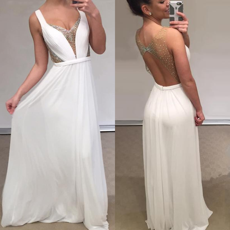 Sexy Open Back White Prom Dresses Long Chiffon A Line Elegant Cheap Beaded Straps Glitter Evening Gowns V Neck Formal Party Dress