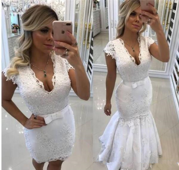 2019 Wedding Dresses with Detachable Skirt Sheath Short Mini V Neck Wedding Dress Mermaid Illusion Back beaded Lace Appliques Bridal Gowns, White
2019 Wedding Dresses with Detachable Skirt Sheath Short Mini V Neck Wedding Dress Mermaid Illusion Back beaded Lace Appliques Bridal Gowns, White