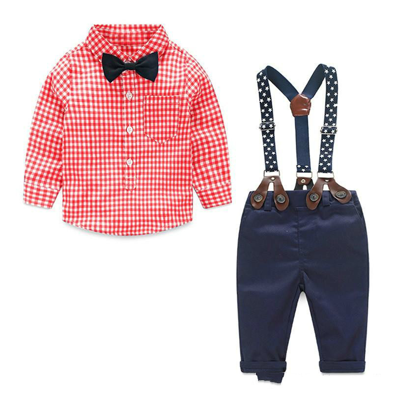 Baby Boy Clothes Spring Newborn Baby Sets Infant Kids Clothing Gentleman Suit Plaid Shirt Bow Tie Suspend Trousers 2pcs Suits
