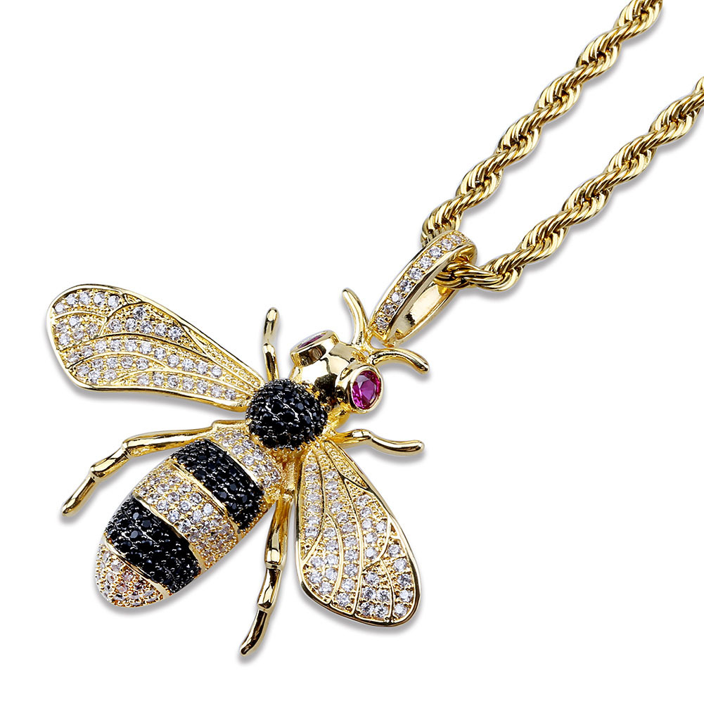 Iced Out Pendant Hip Hop Jewelry Micropave Simulated Diamond CZ Bling Bee Pendant Necklace with Rope Chain for Men Luxury Designer