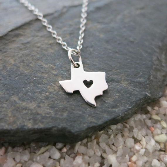 Outline Texas Map Necklace With Heart USA TX State Necklace I Heart Love Texas Necklaces Map Geography Necklace