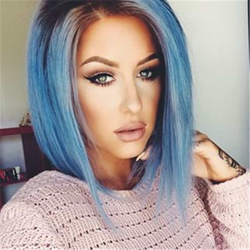 Ombre blue Wigs Short Synthetic Lace Front Wig Full Glueless Natural Black/blue Heat Resistant Hair Women Wigs short bob wigs