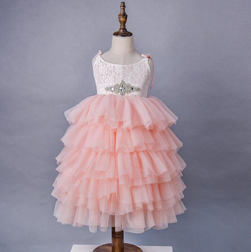 

Girls lace princess dresses summer kids rhinestones belt suspender tiere tulle tutu dresss children long length party dress A00380, Peach pink