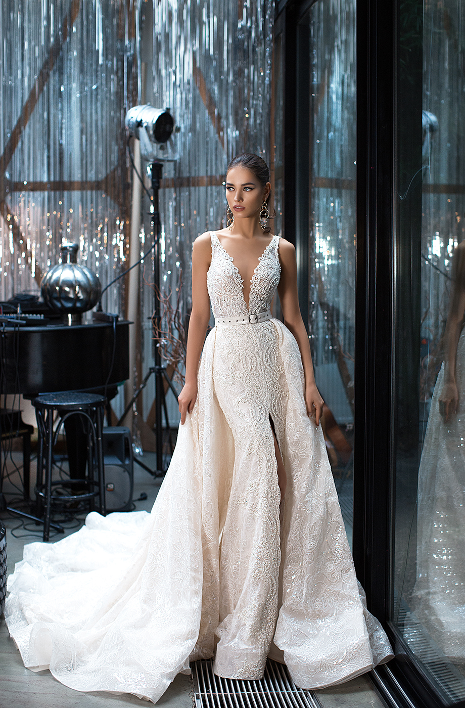 Julie Vino Mermaid Wedding Dresses With Detachable Train Appliques Beads Deep V Neck Sexy Backless Lace Wedding Dress Plus Size Bridal Gowns