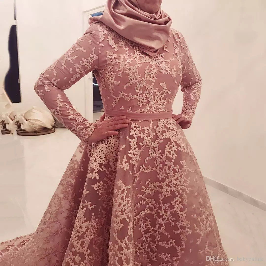 Modest Arabic Muslim Long Sleeve Formal Evening Dresses Pink High Neck A Line Lace Appliqued Prom Gowns Mother of Bride Dress