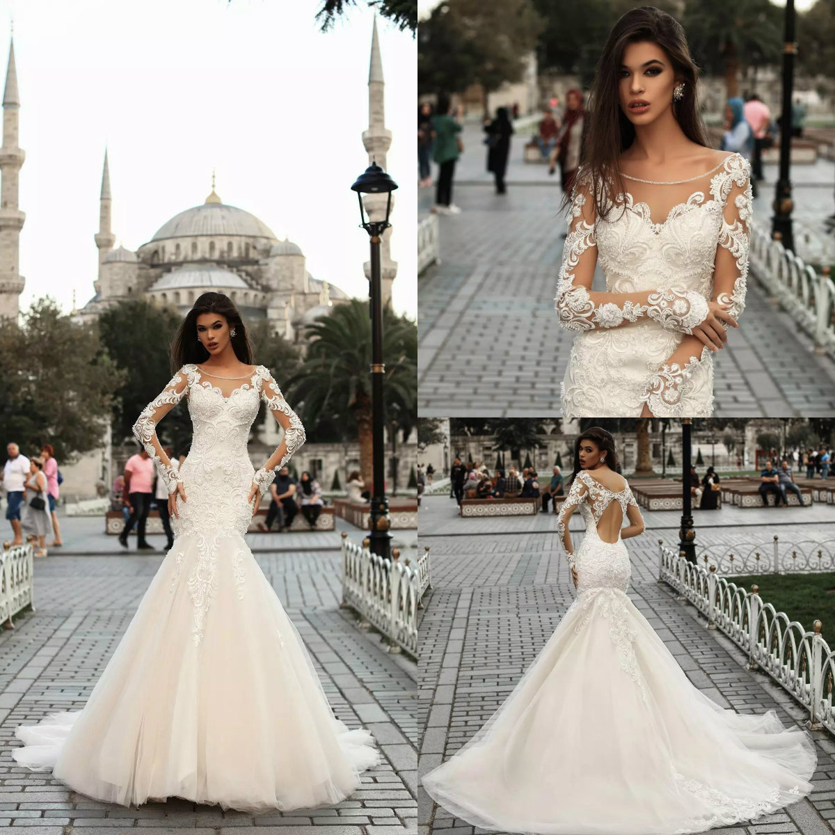 customized lone sleeve mermaid wedding dress scoop neck lace appliqued beaded keyhole back sweep train bridal gowns, White
customized lone sleeve mermaid wedding dress scoop neck lace appliqued beaded keyhole back sweep train bridal gowns, White