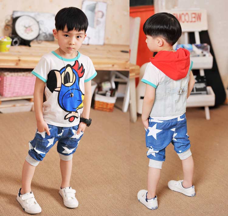 Children Elastic Waist Harem Pants Knee Length Cotton Star Print Denim Pant Blue Boys Clothing Kids Pants Summer Boys 2018