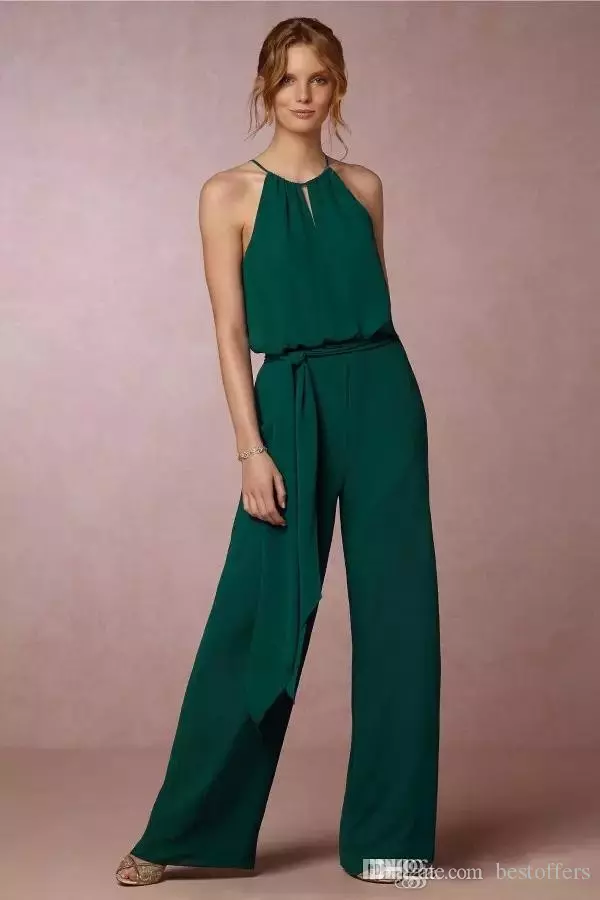 Dark Green Flow Chiffon Bridesmaid Dresses Elegant Empire Waist Pant Suit Maid of Honor Gowns Wedding Guest Prom Dress