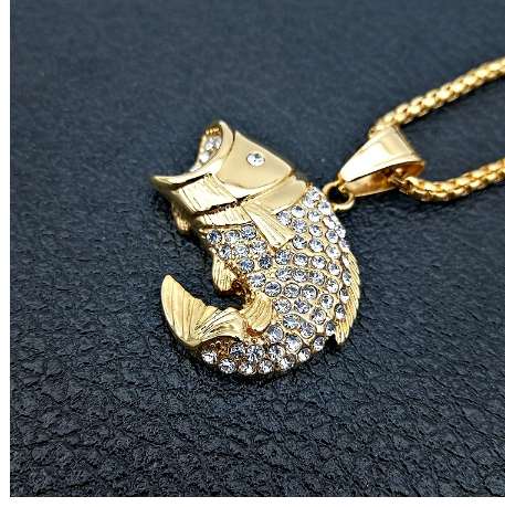 Hip Hop Chain Men big Fish Bone Statement Pendant Necklaces with zircon Gold Color Stainless Steel Fishing Hippie Kpop