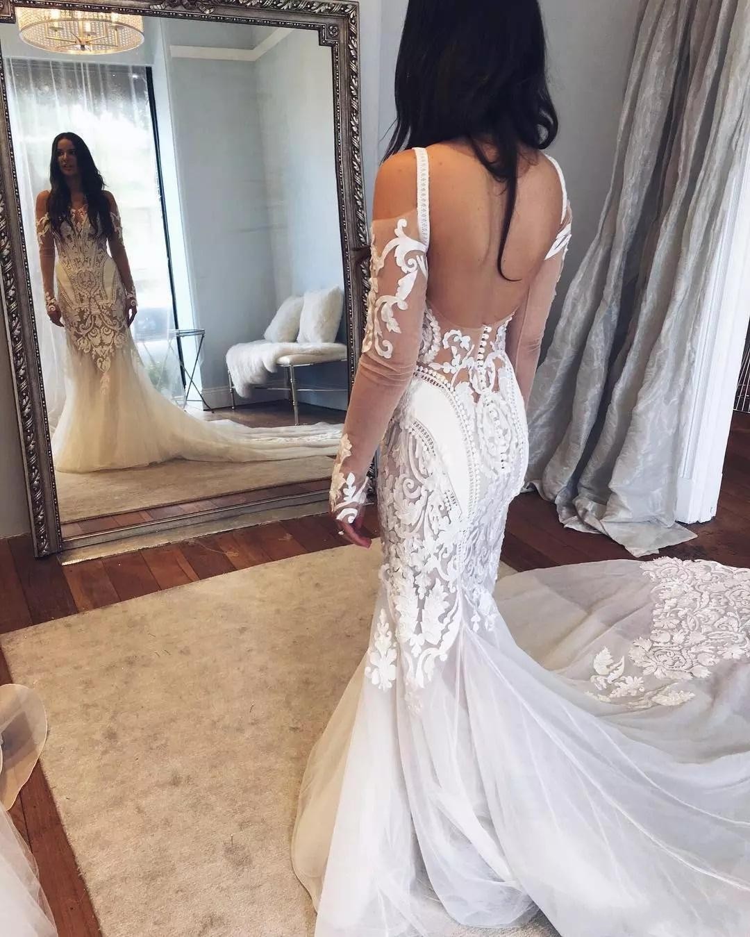 New Design Unique Mermaid Long Illusion Sleeve Backless Lace Applique Court Train Wedding Gown Bridal Dress Custom Made
