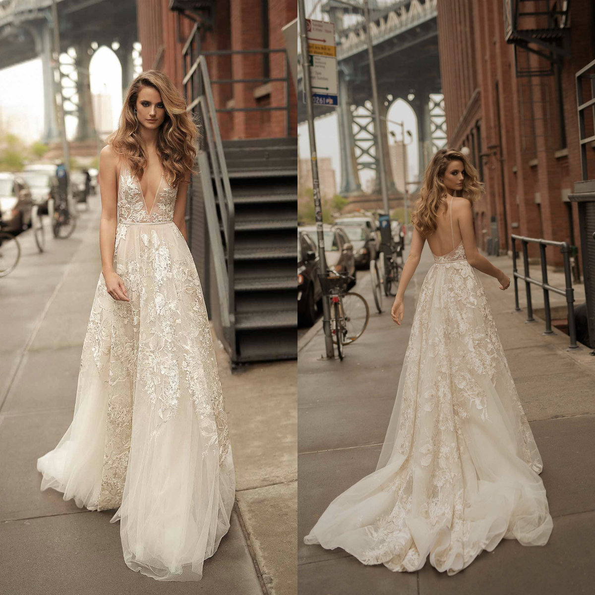 Elegant Berta Beach Wedding Dresses Lace Appliques A Line Backless Illusion Lace Applique Boho Bridal Dress Sweep Train Sexy Wedding Gowns