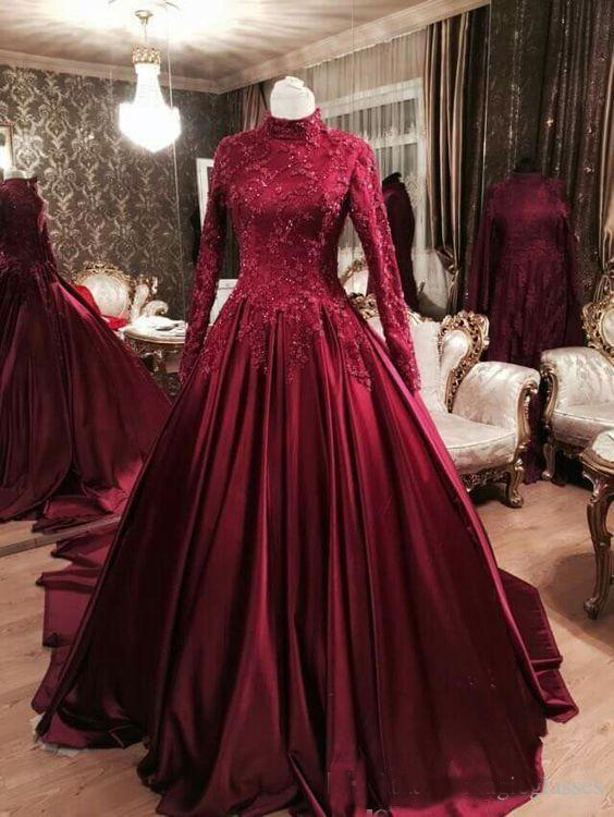 Modest Ball Gown Prom Dresses Formal Occasion Dress with Long Sleeves Burgundy High Neck Formal Party Evening Gowns