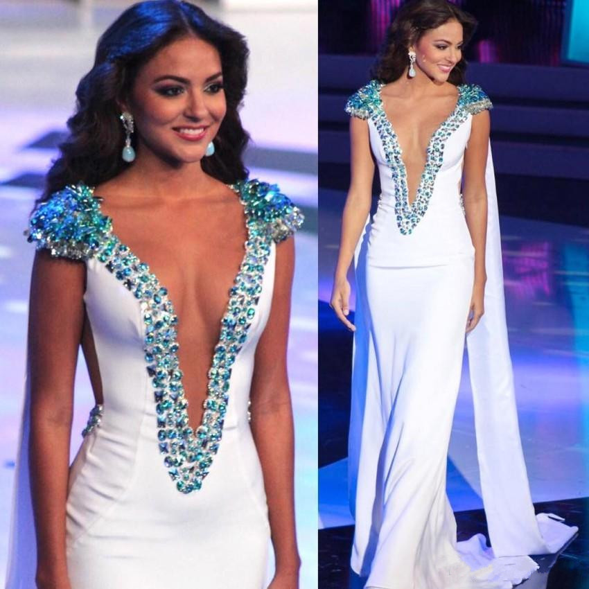 miss world beauty queen pageant evening gowns white mermaid satin beading cap sleeves plunging v neck prom formal occasion dresses