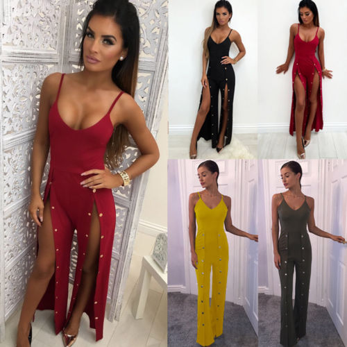 2018 New Sexy Women Clubwear Summer Spilt Playsuit Bodycon Party Button Jumpsuit Romper Ladies Strappy Trousers Long Pants Hot, Red 
2018 New Sexy Women Clubwear Summer Spilt Playsuit Bodycon Party Button Jumpsuit Romper Ladies Strappy Trousers Long Pants Hot, Red