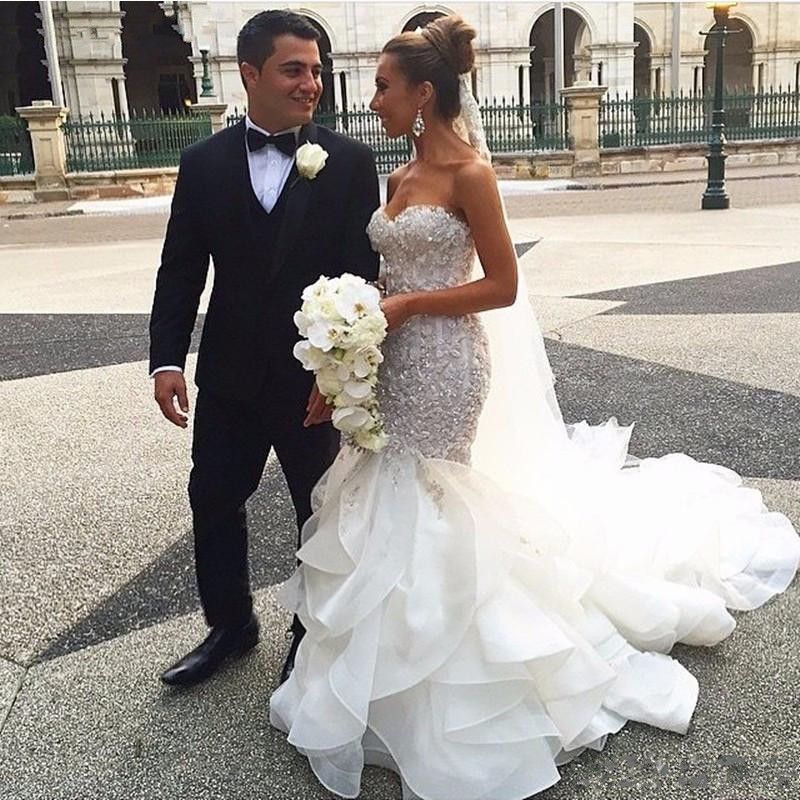 2018 Mermaid Wedding Dresses Sweetheart Tiered Ruffles Organza Lace Appliques Beaded Crystal Corset Bodice Top Long Plus Size Bridal Gowns, Ivory
2018 Mermaid Wedding Dresses Sweetheart Tiered Ruffles Organza Lace Appliques Beaded Crystal Corset Bodice Top Long Plus Size Bridal Gowns, Ivory