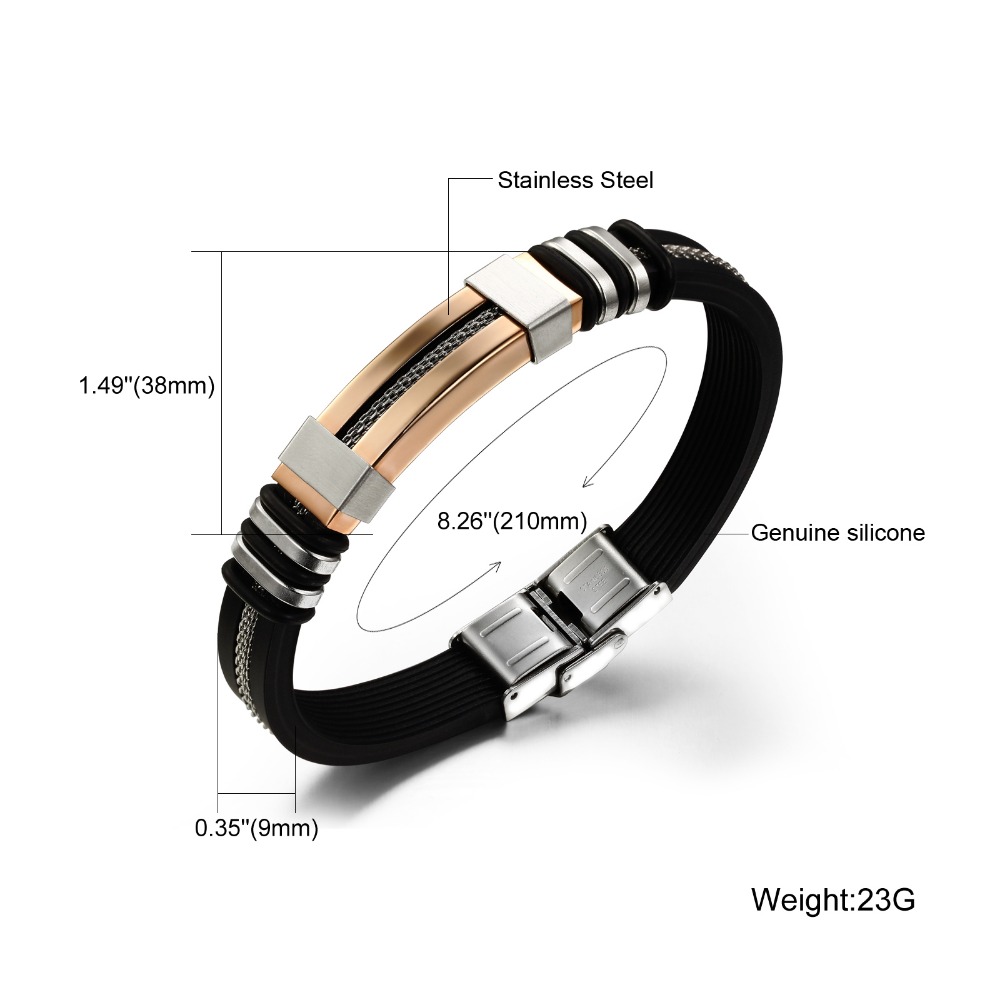 MNWT Mens Bracelets Stainless Steel Black Silicone Bracelets Charm Bracelet Male Bangle For Men Jewelry Silver Rose Gold Color