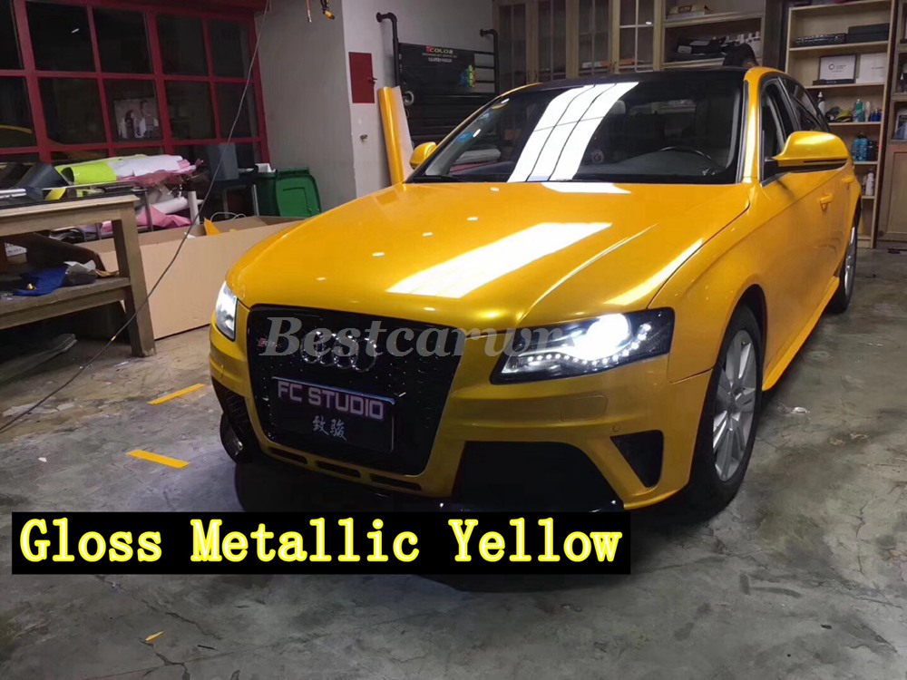 Hornet Yellow Gloss Metallic Vinyl Wrap For Whole Car Wrap Covering With Air bubble Free Like 3M quality Low tack glue Size:1.52*20m( 5x67ft
