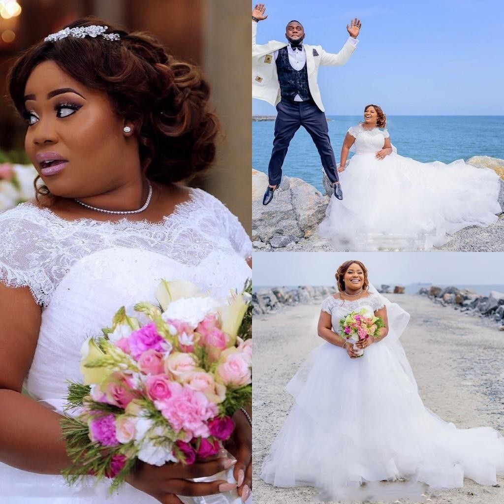 Plus Size A Line Wedding Dresses Custom Lace Cap Sleeves Beach Beads Ruched Draped Bridal Gowns Pink Ribbon Sashes Tiered Long Puffy