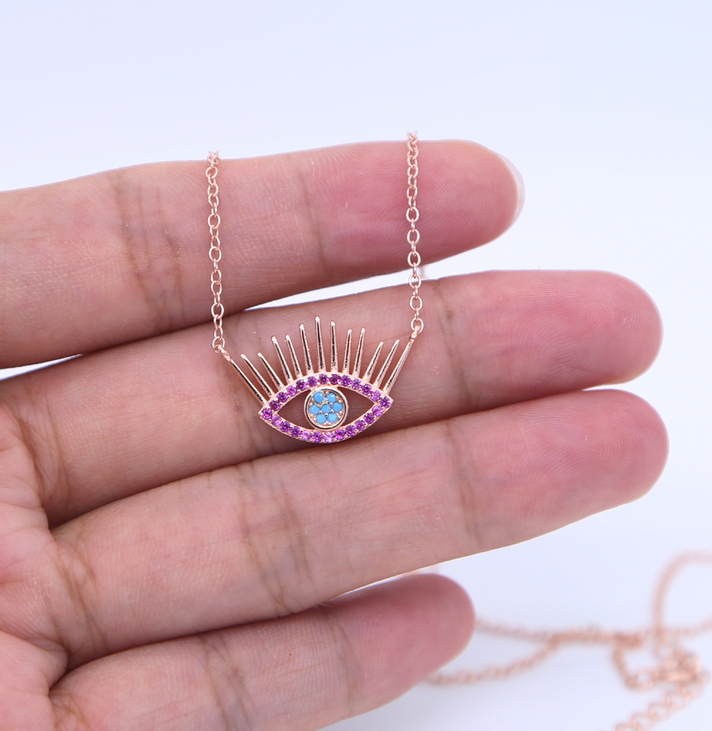 100% guarantee 925 sterling silver jewelry red stone Turkish evil eye charm pendant necklace eye eyelash lucky jewelry