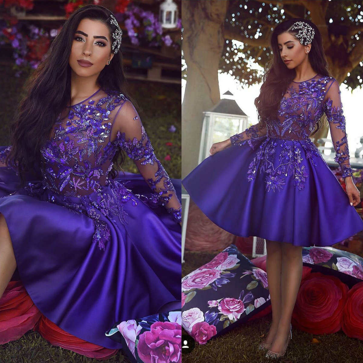 2019 Fashion Purple Short Prom Dress Sheer Long Sleeves Lace Applique Sequins Beaded Cocktail Party Dresses Formal Evening Celebration Gowns