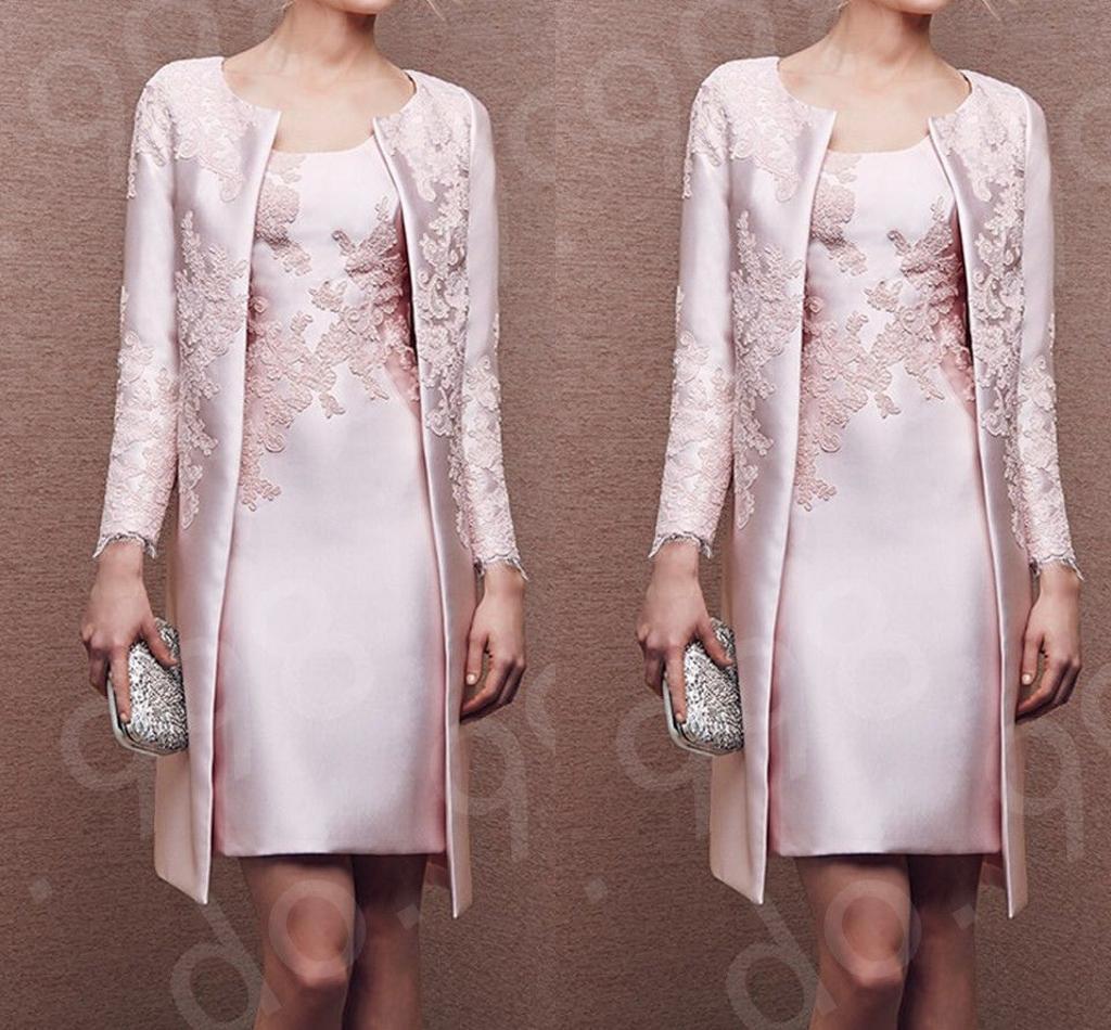 Pink Lace Mother Of The Bride Dress Formal Outfit Coat Long Sleeve Jacket Above Knee Length Wedding Guest Dress
